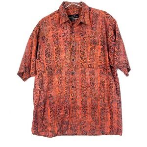 Pete Huntington Batik Shirt Mens XL Short Sleeve Floral Orange Bali Cruise Beach